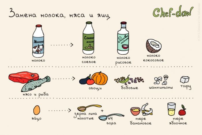 Замена молока, мяса и яиц - Кулинарные советы в картинках Замена молока, мяса и яиц - Кулинарные советы в картинках