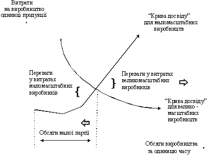 Графічна інтерпретація переваг велико та маломасштабного виробництва