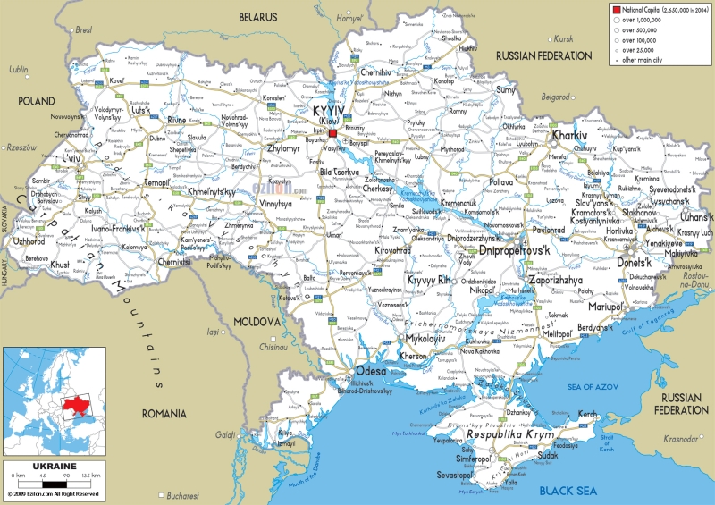 Подробная карта автомобильных дорог Украины со всеми городами и аэропортами 1800x1271