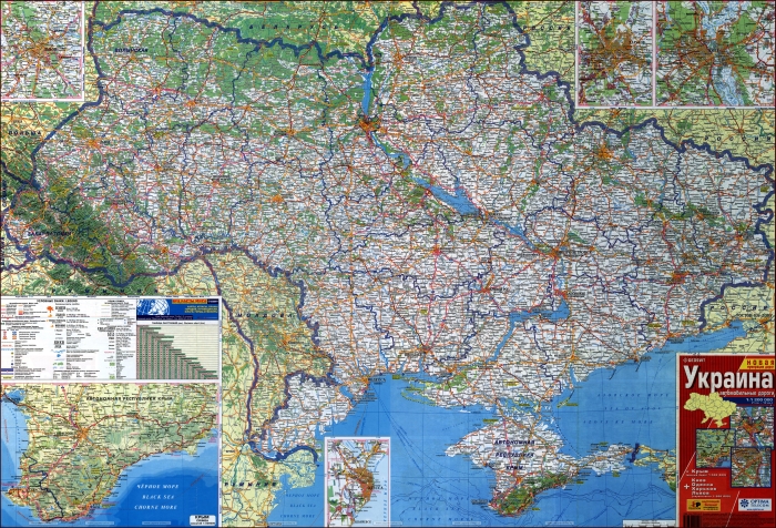 Карта автодорог и автомагистралей Украины с административным делением, всеми городами и деревнями, аэропортами и прочими отметками на русском языке 5250x3570 1:1200000