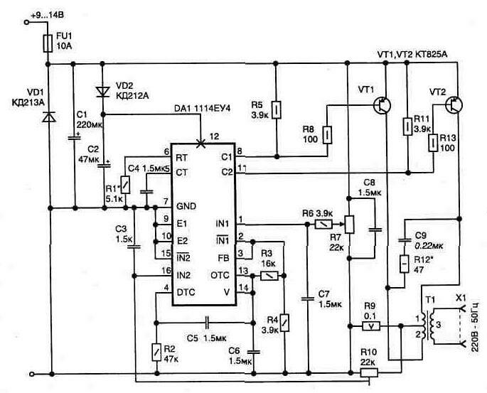 Электрическая схема импульсного преобразователя с 12 В на 220 В 50 Гц
