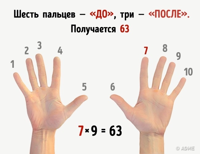 Умножение на пальцах - Простые житейские хитрости Умножение на пальцах - Этим хитростям нас научили еще в школе, и они до сих пор работают